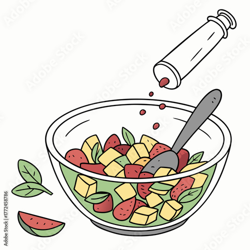 Hand drawn illustration of fruit salad being prepared in a glass bowl with a spoon and a dropper Keywords: fruit salad, healthy eating, fresh ingredients, strawberries, pineapple, mint leaves