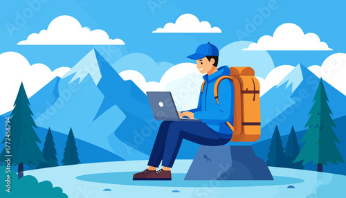 Work from anywhere Remote work lifestyle of a digital nomad, working from mountains, technology and travel