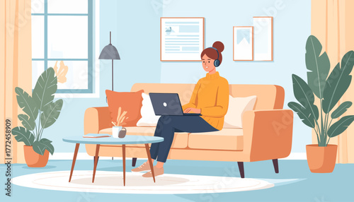 Work from anywhere Remote work concept illustration with a woman using a laptop in a cozy living room, embodying flexibility and modern lifestyle
