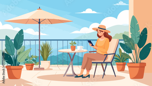 A woman works from anywhere on a tranquil balcony, enjoying the flexible freedom of remote work. This serene outdoor office embodies the modern lifestyle