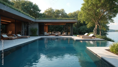 Wallpaper Mural Modern luxury house features infinity pool beside tranquil lake. Open-plan living area with plush seating. Outdoor lounge chairs offer serene waterside relaxation under green trees. Peaceful Torontodigital.ca