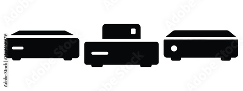 media streaming box icon set, black color and white background