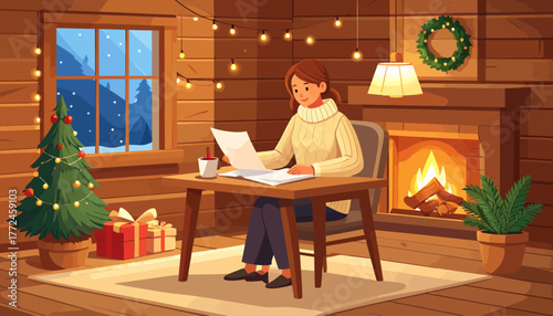 Cozy home office setup Enjoying remote work and work from anywhere lifestyle with Christmas decorations