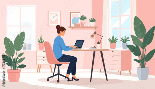 Work from anywhere A woman working remotely on her laptop in a cozy home office setup, embracing the flexibility of remote work