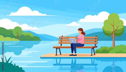 Work from anywhere, remote work Woman working on laptop sitting near lake in nature