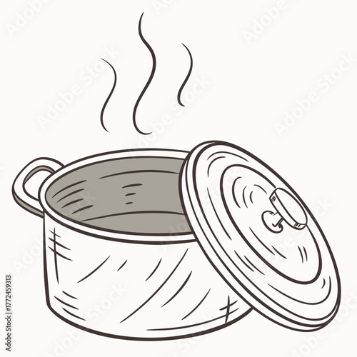 Open Cooking Pot with Steam Rising on White Background Keywords: pot, cooking, saucepan, stewpot, kitchenware, cookware, lid, open, steam, hot, food, meal, preparation, boiling, simmering, stove