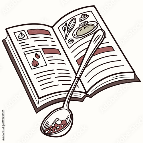 Open cookbook with spoon holding beans and food illustrations recipe book cooking