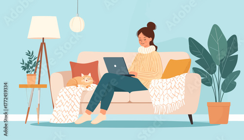 Cozy Scene Woman Working from Home on Laptop with Cat, Embrace Remote Work and Work From Anywhere Lifestyle