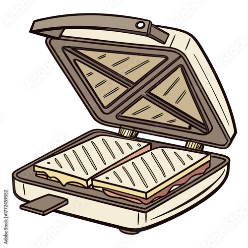 Open Electric Sandwich Toaster with Grilled Sandwiches Inside Keywords: sandwich maker, toaster, electric appliance, kitchen appliance, cooking, grilling, breakfast, lunch, snack, grilled sandwich