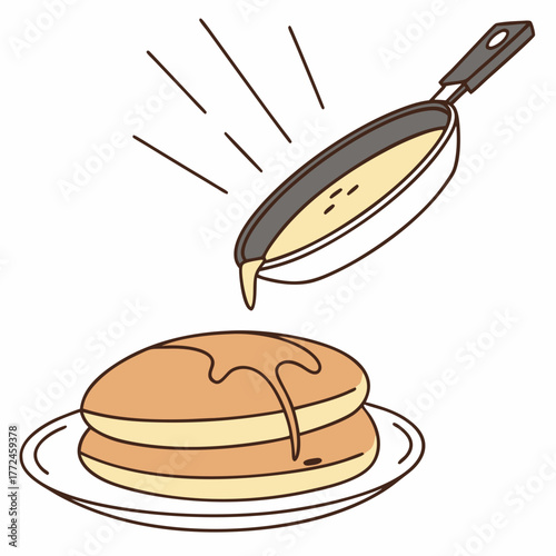 Pancakes being drizzled with syrup from a frying pan onto a plate Keywords: pancakes, syrup, drizzling, frying pan, plate, food, breakfast, sweet, dessert, cooking, preparation, batter, kitchen