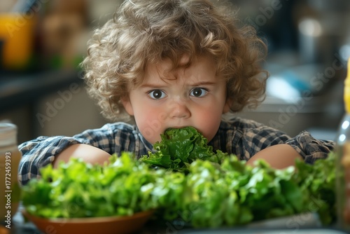 A young girl appears discontent while chewing on a piece of lettuce, surrounded by a large plate of fresh salad. The setting is a cozy kitchen with natural lighting