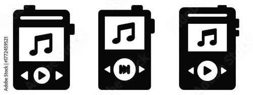 portable music player icon set, black color and white background