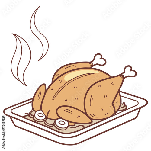 Roasted chicken on a platter with onions and steam Keywords: chicken, roasted, whole chicken, poultry, food, meal, dinner, lunch, cooking, oven-baked, savory, delicious, hot, steam, platter