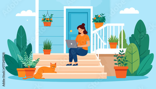 Embracing the work from anywhere lifestyle with remote work, a woman finds balance on her sunny porch with a laptop and cat