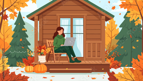 Embrace the crisp autumn air while enjoying productive remote work from anywhere, finding tranquility and inspiration in a cozy cabin setting surrounded by vibrant fall foliage