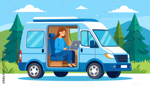 Embrace the freedom of work from anywhere a woman works remotely in her camper van, illustrating the lifestyle of digital nomads