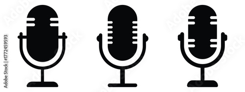 podcast microphone minimal icon set, black color and white background