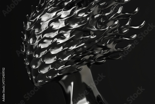 Futuristic abstract black metallic sculpture with fluid organic flame shapes forming a surreal humanoid head, symbolizing modern digital art, innovation, and avant-garde design aesthetics