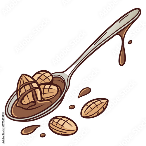 Spoon filled with chocolate and almonds with dripping chocolate on a white background Keywords: spoon, chocolate, almonds, nuts, dripping, liquid, sweet, food, ingredient, cooking, kitchen