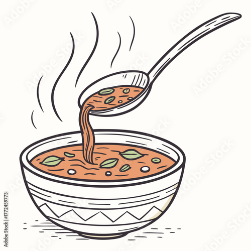 Spoon Pouring Steaming Soup into a Decorative Bowl vector illustration