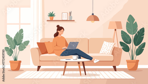 Work from anywhere A woman working remotely on her laptop on a comfortable sofa in a stylish, sunlit living room, embodying the freedom of remote work