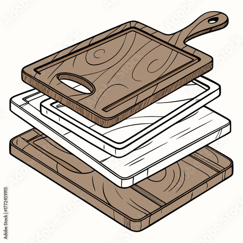 Stack of three wooden cutting boards on a white background Keywords: cutting board, chopping board, wood, kitchen, utensil, cooking, food preparation, serving, rustic, natural, material, stacked
