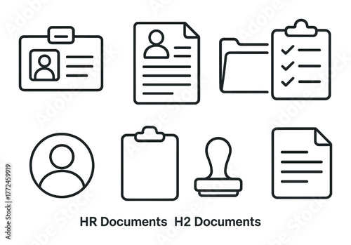 Icon set: id badge, resume, folder, checklist, profile, clipboard, stamp, document