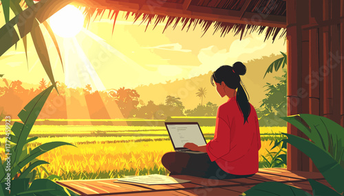 Work from anywhere, remote work A woman works on her laptop in tropical rice fields, symbolizing freedom and a flexible lifestyle, capturing the essence of a tranquil digital nomad experience