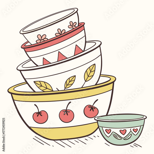 Stacked Decorative Kitchen Bowls with Fruit and Leaf Motifs Keywords: bowl, kitchen, cooking, baking, stacking, nesting, ceramic, earthenware, decorative, patterned, fruit, apple, cherry, leaf