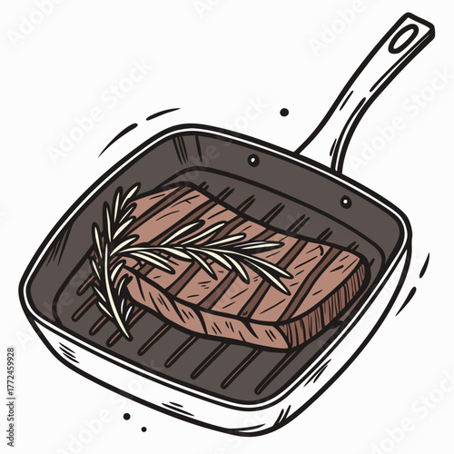 Steak Grilling in a Square Grill Pan with Rosemary Sprig Keywords: steak, grilling, meat, food, cooking, pan, grill pan, rosemary, herb, sprig, culinary, preparation, illustration, drawing, sketch