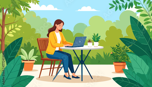 Embracing the work from anywhere lifestyle, a young woman focuses on her laptop during a remote work session in a tranquil garden