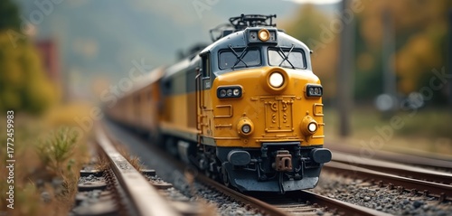 Detailed yellow, black model train on railroad tracks. Miniature diesel locomotive moves on railway outdoors with tilt shift blur effect. Scale model transport, hobby, childhood play, adventure,