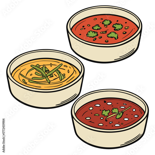 Three bowls of soup with garnishes on a white background Keywords: soup, bowls, food, hot, liquid, meal, starter, dish, cuisine, culinary, delicious, healthy, comfort food, broth, garnish, herbs