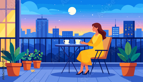 Woman enjoying coffee on a balcony at sunset, embodying the freedom of work from anywhere and remote work opportunities