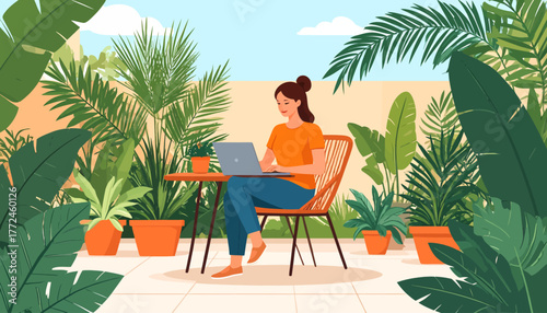 Embrace the flexibility and freedom of work from anywhere a serene illustration of a happy woman engaged in remote work on her laptop amidst a lush, vibrant outdoor garden patio