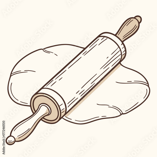 Wooden rolling pin resting on a flattened piece of dough on a light beige background Keywords: dough, rolling pin, baking, cooking, preparation, food, kitchen, pastry, bread, pizza, pasta