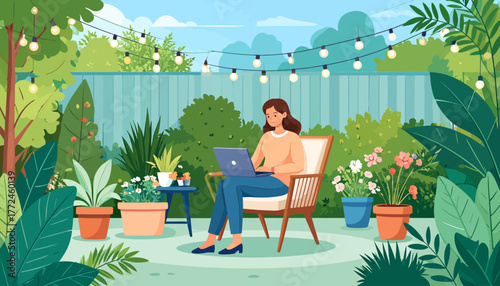 Woman working remotely from a beautiful garden, embracing the work from anywhere lifestyle with her laptop