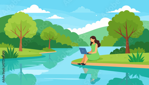 Embrace the freedom of remote work and work from anywhere with this serene lakeside illustration