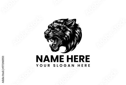 Fierce predator head illustration, roaring panther or tiger logo design for strength and power brands. Aggressive wild animal emblem vector graphic concept, ideal for sports