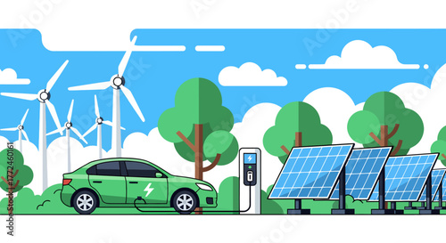 Eco-friendly transportation concept illustrating an electric car charging with clean power from solar panels and wind turbines in a natural setting