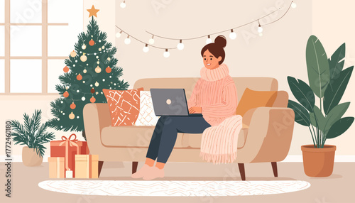 Work from anywhere Remote work during the holiday season, woman working from home with Christmas decor, laptop