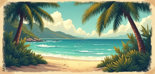 Wallpaper Mural Retro illustration displays tropical sea beach. Tall palm trees frame view of blue ocean water, golden sand shore, green mountains. White clouds float in clear blue sky. Peaceful island holiday Torontodigital.ca