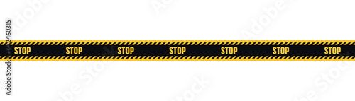 Black and yellow warning tape with STOP text. Caution stripe illustration. Police barricade sign. Safety border for attention or danger zone design. Vector realistic stripe template