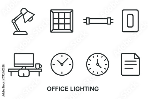 Office lighting icons with desk, clocks, and lamps