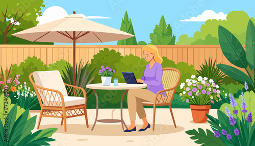 A woman embraces the work from anywhere lifestyle, enjoying remote work on her laptop in a serene and beautiful backyard garden patio