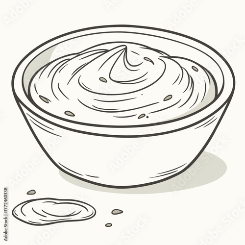 Bowl of creamy dip with seeds and a spill Keywords: dip, sauce, cream, bowl, seeds, food, condiment, appetizer, snack, creamy, smooth, textured, white background, isolated, illustration, drawing