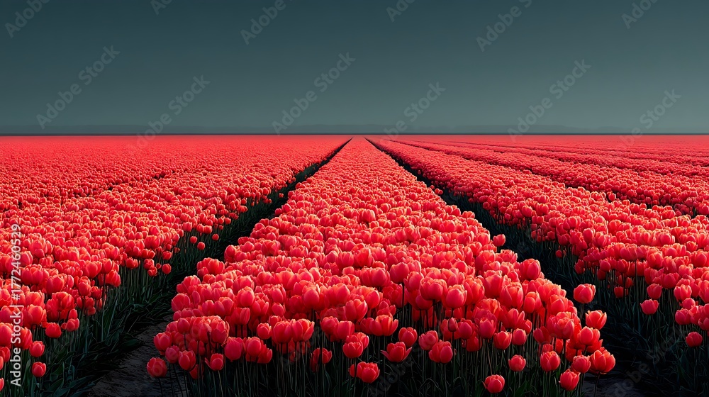Fototapeta premium shot of a light orange tulip field, with the blossoms arranged in a perfect geometric grid pattern. The vibrant, warm color of the tulips fills the lower two-thirds of the frame, sharply meeting 