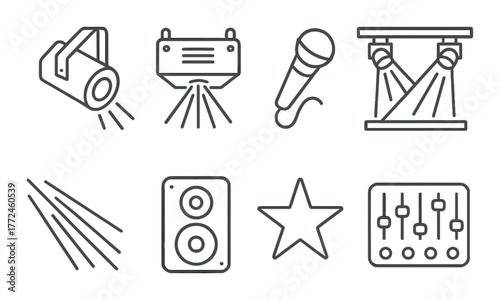 Concert equipment icons: spotlight, microphone, speaker, star, mixer controls