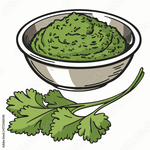 Bowl of Green Pesto Sauce with Fresh Cilantro Sprigs Keywords: pesto, sauce, green, herb, food, cooking, ingredient, preparation, culinary, bowl, dish, cilantro, coriander, fresh, leaves, sprig