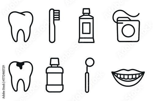 Dental care icons: toothbrush, toothpaste, floss, mouthwash, healthy teeth, smiling mouth